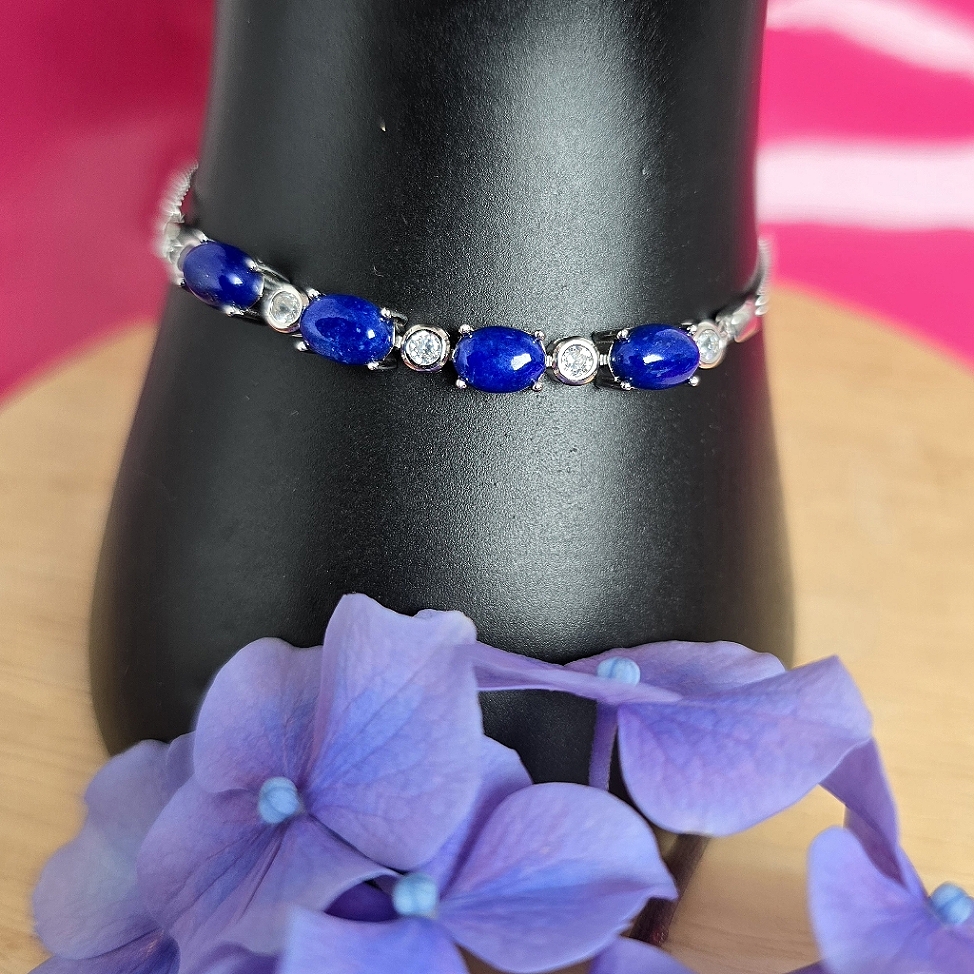 Natural Lapis Lazuli & Cz 925 Sterling Silver Bracelet